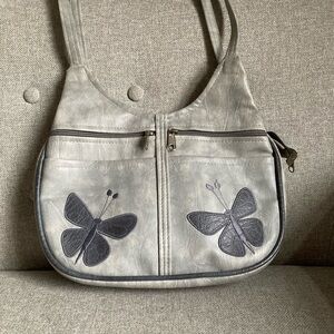 Vintage grey vinyl purse with butterfly appliqués
